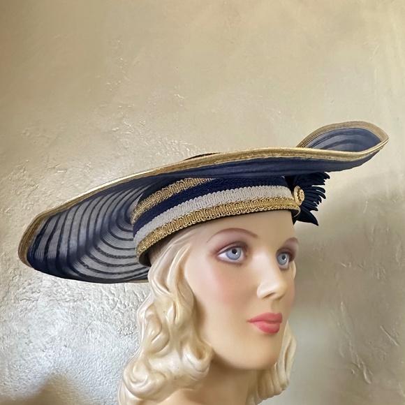 FAMOUS DESIGNER 1970s\' NAVY, WHITE & GOLD WIDE BRIM HAT + NAVY SEQUINS main image 7